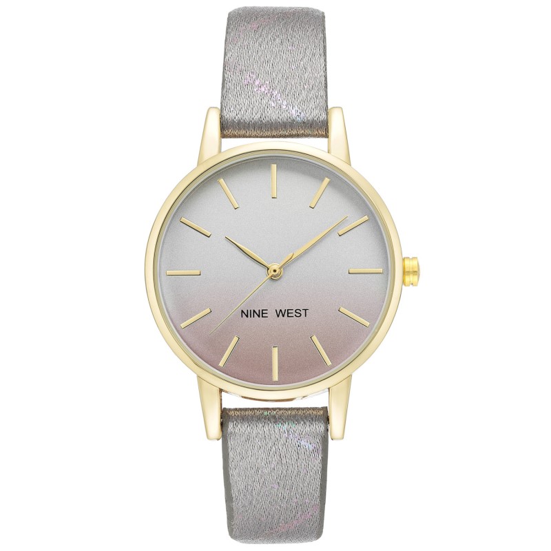 Gold-tone wristwatch with a gradient silver to pink dial, gold baton hour markers, and a gray satin strap (Nine West).