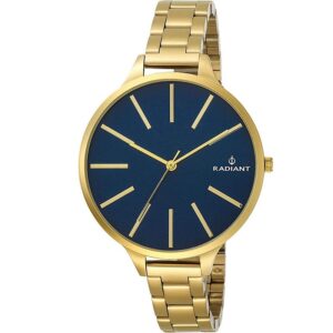 Gold-toned wristwatch with a blue dial, minimalist gold hour markers, and a matching gold bracelet; brand Radiant visible on dial.