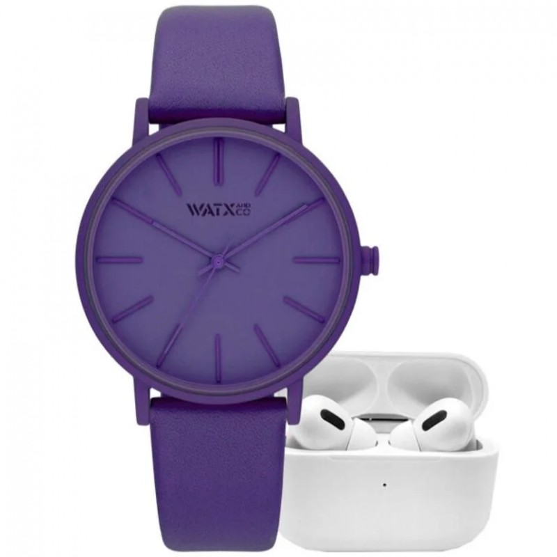 Purple wristwatch with a matching purple strap and minimalist face, paired with a white AirPods case in the background