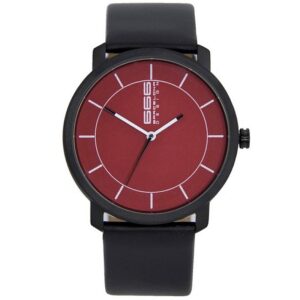 Black wristwatch with a red dial, white markers, and a black leather strap; simple, modern design