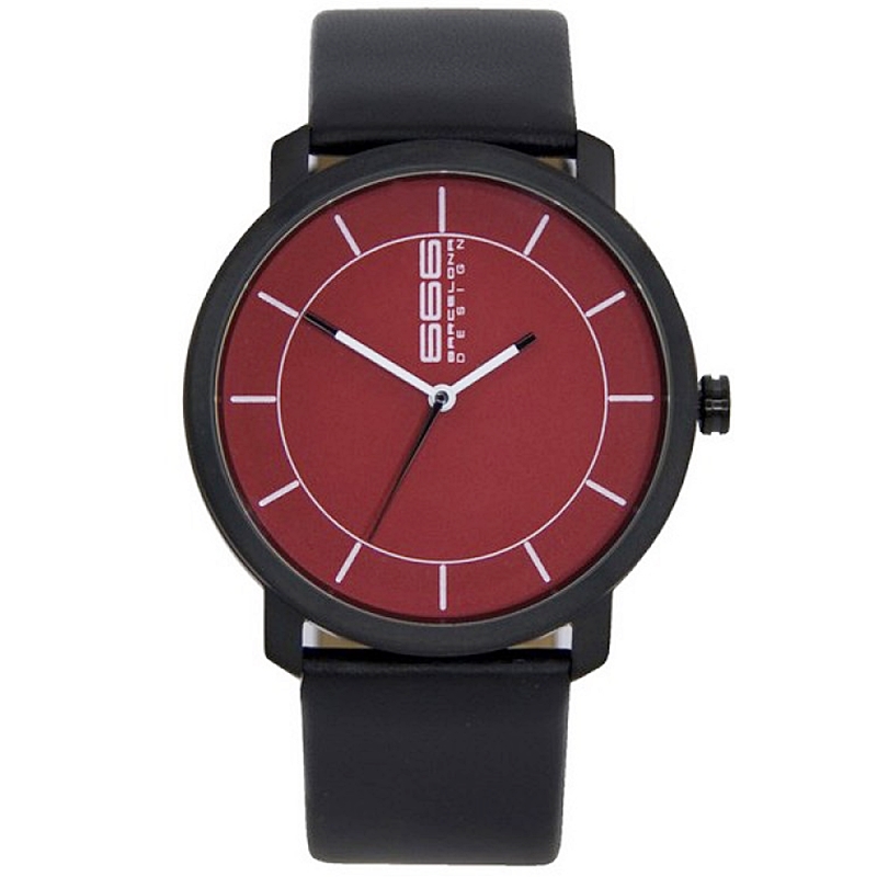 Black wristwatch with a red dial, white markers, and a black leather strap; simple, modern design