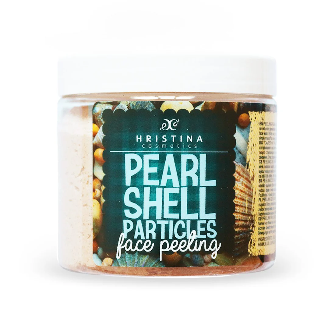 Container of Hristina Cosmetics Pearl Shell Particles face peeling (pearl shell exfoliant) jar with teal label and white lid