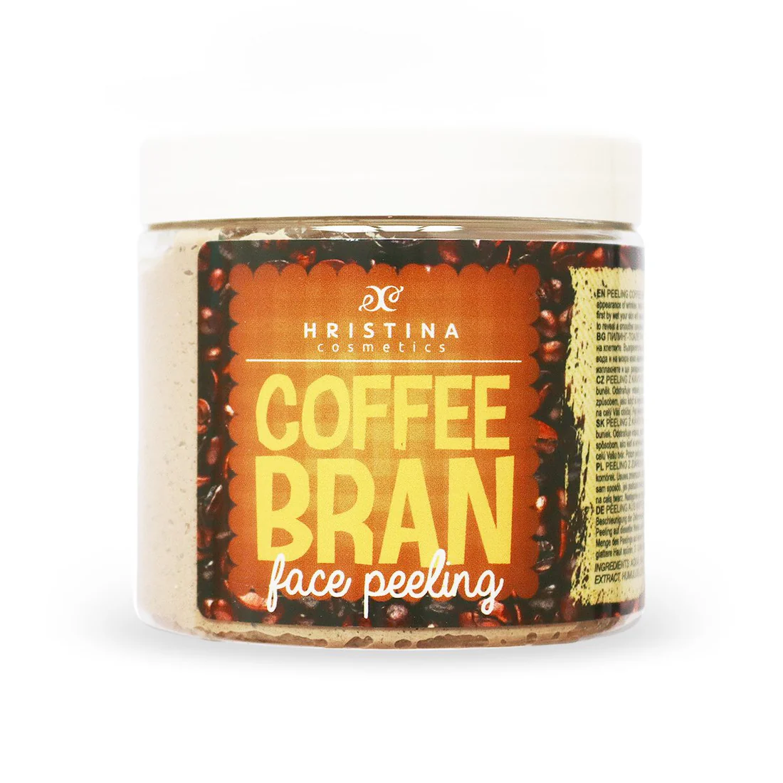 Container of Christina Cosmetics Coffee Bean face peeling with an orange label and white lid