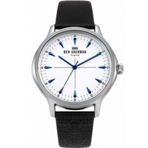 Ben Sherman original wristwatch with white dial, blue markers and hands, and a black textured strap.