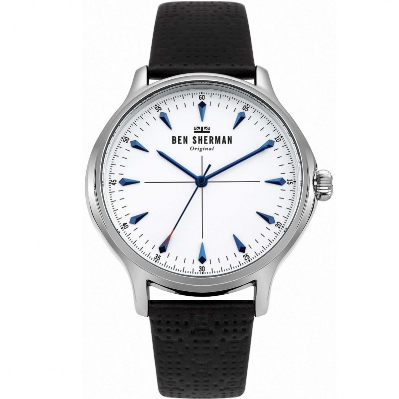 Ben Sherman original wristwatch with white dial, blue markers and hands, and a black textured strap.